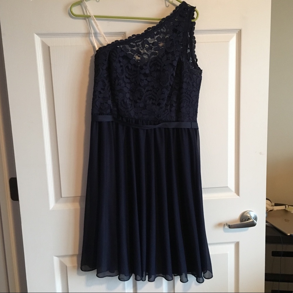 Navy asymmetrical David’s Bridal cocktail dress